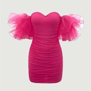 SHEIN MOD Off Shoulder Hot Pink Ruffle Trim Ruched Mesh Bodycon Dress XS
